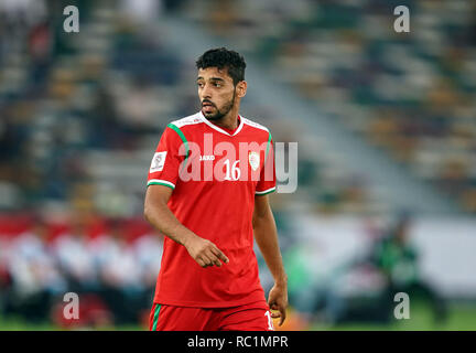 Il 13 gennaio 2019 : Muhsen Al-Ghassani di Oman durante l Oman v Giappone all'Zayed Sport City Stadium di Abu Dhabi, Emirati arabi uniti, AFC Asian Cup, Asian campionato di calcio. Ulrik Pedersen/CSM. Foto Stock