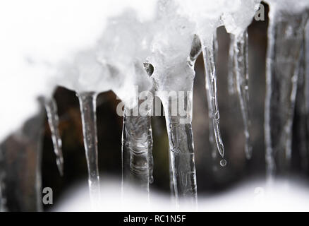 Rottach Egern, Germania. Xiii gen, 2019. Una goccia cade da un ghiacciolo al suolo. Dopo l intensa nevicata dei giorni scorsi, disgelo con la pioggia ha impostato in molti luoghi, aumentando il carico di neve sui tetti. Credito: Lino Mirgeler/dpa/Alamy Live News Foto Stock