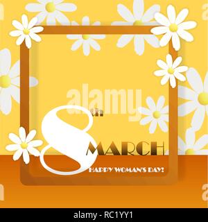Design alla moda Modello 8 marzo. Giallo Siena e ocra bigliettino. International felice giornata della donna. Carta tagliata camomilla fiori di sfondo per le vacanze Illustrazione Vettoriale