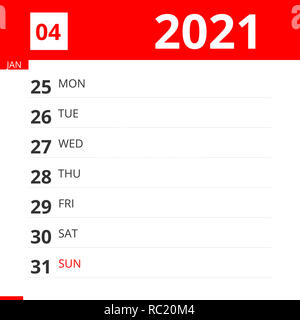 Pianificatore di calendario per la settimana 04 nel 2021, termina il 31 gennaio 2021 . Foto Stock