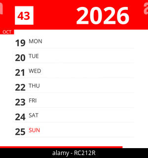 Pianificatore di calendario per la settimana 43 nel 2026, termina il 25 ottobre 2026 . Foto Stock