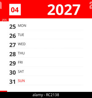 Pianificatore di calendario per la settimana 04 nel 2027, termina il 31 gennaio 2027 . Foto Stock