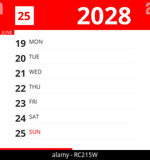 Pianificatore di calendario per la settimana 25 nel 2028, termina il 25 giugno 2028 . Foto Stock