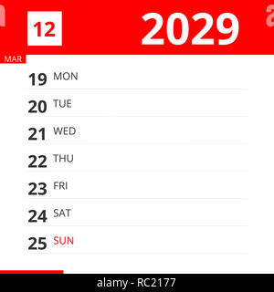 Pianificatore di calendario per la settimana 12 nel 2029, termina il 25 marzo 2029 . Foto Stock