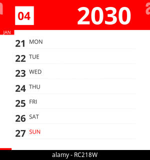 Pianificatore di calendario per la settimana 04 nel 2030, termina il 27 gennaio 2030 . Foto Stock