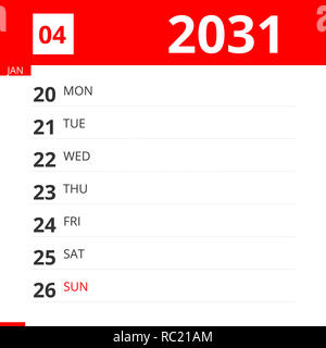 Pianificatore di calendario per la settimana 04 nel 2031, termina il 26 gennaio 2031 . Foto Stock