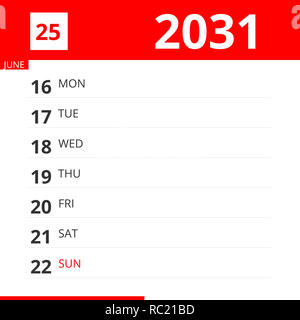 Pianificatore di calendario per la settimana 25 nel 2031, termina il 22 giugno 2031 . Foto Stock