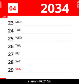 Pianificatore di calendario per la settimana 04 nel 2034, termina il 29 gennaio 2034 . Foto Stock