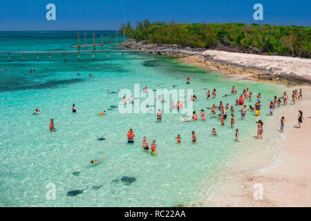 Nassau / Bahamas - Aprile 3.2007: vista aerea sui turisti in piedi nel profondo blu del mare di acqua in spiaggia ad esplorare le razze. Foto Stock