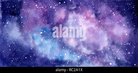 Spazio acquarello dipinto a mano sullo sfondo. Astratto pittura Galaxy. Acquerello Cosmic texture con stelle. Cielo notturno Foto Stock