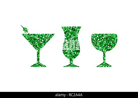 Verde cocktail astratto set di icone. Silhouette con glitter. Illustrazione Vettoriale. Illustrazione Vettoriale