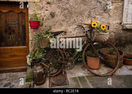 Vecchia bicicletta con fiori nel borgo medievale di Entreveux, Francia Foto Stock