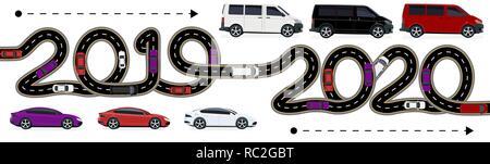 2019-2020. Simboleggia la transizione al nuovo anno. La circolazione delle automobili è mostrato. La strada con marcature iscrizione stilizzato. illustrazione Illustrazione Vettoriale