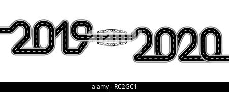 2019-2020. Simboleggia la transizione al nuovo anno. La strada con dei contrassegni è stilizzata come un'iscrizione. Illustrazione isolato Illustrazione Vettoriale