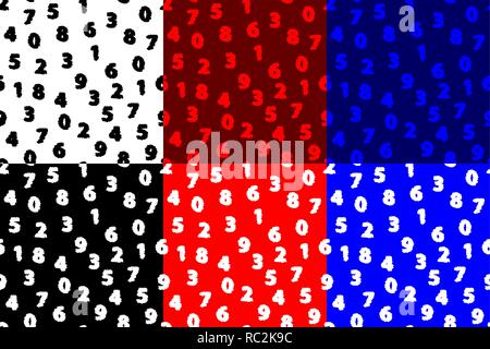 Numero pattern senza giunture, 0, 1, 2, 3, 4, 5, 6, 7, 8, 9, (bianco, nero, rosso, blu) set di sfondo, Illustrazione Vettoriale