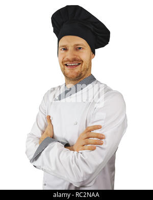 Ritratto di giovane chef sorridente in bianco uniforme e cappello nero Foto Stock