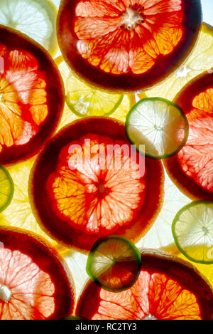 Colorati misti frutta a fette arancio, cedro, pompelmo e limone. sfondo illuminato indietro Foto Stock
