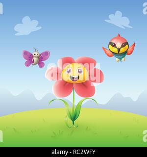 Fiori e farfalle gruccione bird celebrare la primavera su sfondo del paesaggio Illustrazione Vettoriale