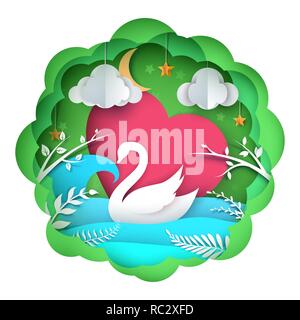 Cartoon andscape della carta. Illustrazione del cigno. Illustrazione Vettoriale