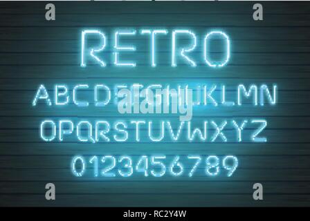 Luce al neon alfabeto, multicolore incandescente extra font. Swatch esclusivo controllo colore. Illustrazione Vettoriale