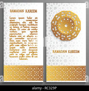 3d il Ramadan Kareem greeting card,invito stile islamico.arabo golden circle pattern.ornamento d'Oro su nero,brochure islamica Illustrazione Vettoriale