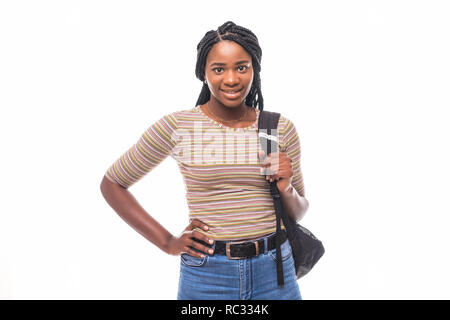 Studente di College giovane africano donna americana su sfondo bianco Foto Stock