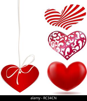 Set di abstract cuori fatti di vari materiali. Simbolo romantico, amore, passione, matrimonio. Elemento di design per il giorno di San Valentino, vacanza o il messaggio di saluto, deco Illustrazione Vettoriale