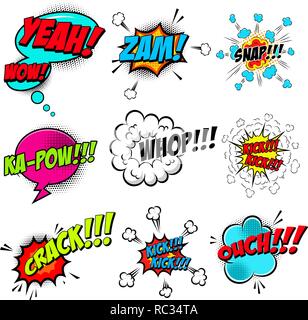 Set di stile comico fumetti con il suono di effetti di testo. Elemento di design per poster, scheda, banner, flyer. Illustrazione Vettoriale Illustrazione Vettoriale