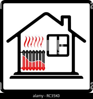 Casa del logo con il radiatore di riscaldamento. Il risparmio di risorse. Elevata efficienza. Costo elevato di calore. Nero e rosso. Illustrazione Vettoriale