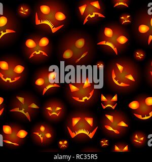 Sfondo senza giunture dalle zucche di Halloween. Emozioni diverse sulle due facce. Di colore arancione su sfondo nero. Un poster o un banner per l'invito. Illustrazione Vettoriale