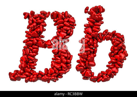 Corsivo lettera B da cuori rossi, lettere maiuscole e minuscole. 3D rendering isolati su sfondo bianco Foto Stock