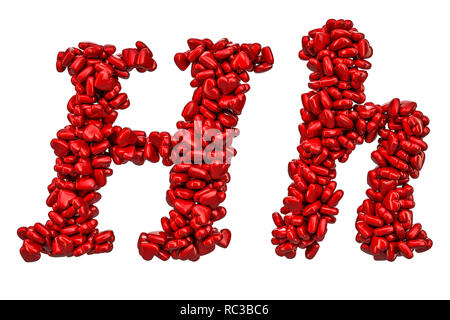 Corsivo lettera H da cuori rossi, lettere maiuscole e minuscole. 3D rendering isolati su sfondo bianco Foto Stock
