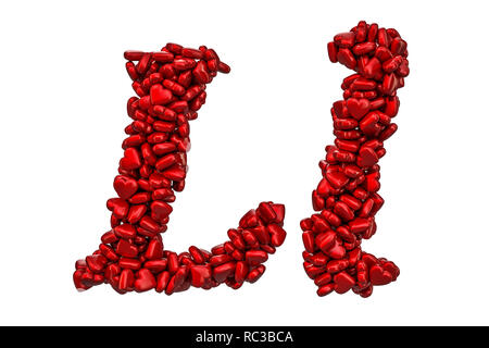 Corsivo lettera L da cuori rossi, lettere maiuscole e minuscole. 3D rendering isolati su sfondo bianco Foto Stock