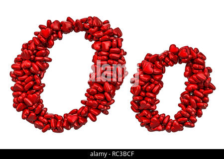 Corsivo lettera O da cuori rossi, lettere maiuscole e minuscole. 3D rendering isolati su sfondo bianco Foto Stock