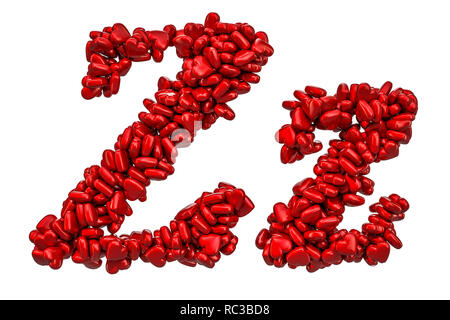 Corsivo lettera Z da cuori rossi, lettere maiuscole e minuscole. 3D rendering isolati su sfondo bianco Foto Stock