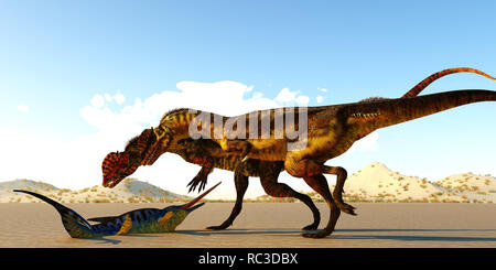 Un Eurohinosaurus rettile marino che giace inerme sul tidal flats come il mare si spegne come due Dilophosaurus theropod dinosaurs guarda a lui come il loro prossimo Foto Stock