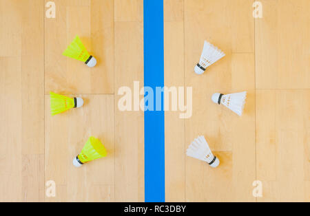 Il bianco e il giallo badminton volani e linea blu sulla sala con pavimento a badminton. Foto Stock