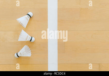 White badminton volani e linea sul piano hall a badminton. Foto Stock