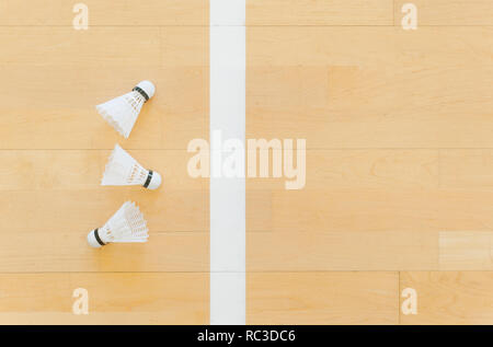 White badminton volani e linea sul piano hall a badminton. Foto Stock