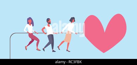 Gente che tira la corda big pink forma di cuore felice il giorno di san valentino vacanza per celebrare il concetto del lavoro di squadra di successo strategia orizzontale piana Illustrazione Vettoriale