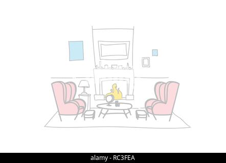 Poltrone vuote vicino al camino decorato casa moderna decorazione di interni schizzo doodle orizzontale Illustrazione Vettoriale