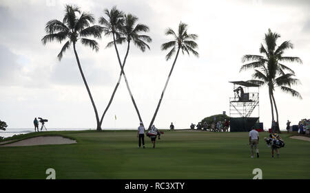 Honolulu, Hawaii, Stati Uniti d'America. Xiii gen, 2019. Voce giù il xvi foro durante il round finale del PGA Sony Open al Waialae Country Club di Honolulu, HI - Michael Sullivan/CSM Credito: Cal Sport Media/Alamy Live News Foto Stock