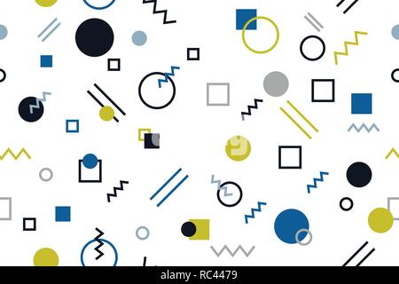Senza cuciture, sfondo astratto modello realizzato con forme geometriche in blu, verde, grigio e nero i colori. Memphis stile moderno vettore art. Illustrazione Vettoriale