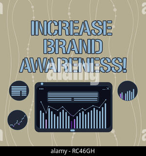 Testo della scrittura di aumentare la consapevolezza del marchio. Concetto significato ottenere influenzatori per visualizzare la tua arte o prodotto Combinazione digitale della colonna di dati di linea Grap Foto Stock
