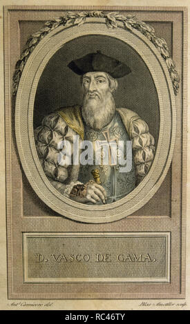 VASCO DE GAMA (Sines, Alentejo, h.1465-Cochin, India, 1524). Navegante portugués. En 1487 fue nombrado por Juan II jefe de n.a. expedición a la India siguiendo las costas de l'Africa. Fue nombrado virrey de la India poco antes de su muerte. Grabado coloreado de Blas AMETLLER, según dibujo de Antonio CARNICERO. Colección Antonio Correa. Foto Stock