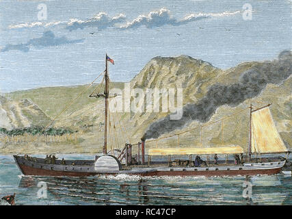 Robert Fulton di Steamboat. Costruito da nord ingegnere americano Robert FULTON (1765-1815). Incisione colorata del XIX secolo. Foto Stock
