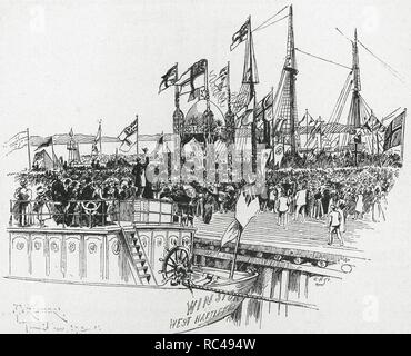 Fridtjof Nansen (1861-1930). Norwegian explorer, scienziato, Diplomat, umanitario e premio Nobel per la Pace nel 1922. Arrivo di Nansen a Trondheim. Incisione in "l'illustrazione artistica", 1896. Foto Stock