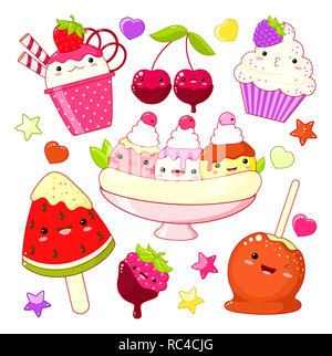 Set di carino dolce icone in stile kawaii con volto sorridente e guance rosa per il dolce design. Gelato alla fragola gelato, kids, banana split, cara Foto Stock