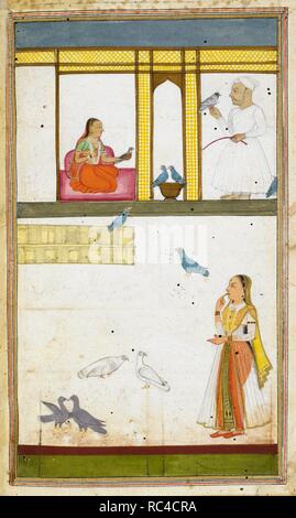 Un cortile sparse con piccioni, di cui due sono arroccate sulle mani di una donna seduta e un uomo con un bastone; un terzo donna si alza e appare a guardare con ammirazione gli uccelli. Kabutar-nama. India, 1788. Fonte: i.o. ISLAMIC 4811, f.2v. V.o. persiano. Foto Stock