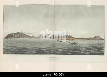 Isola di Gorea. Osservazioni sulla costa sopravento dell Africa, th. G. & W. Nicol; James Asperne: Londra, 1807. GorÃ©e isola al largo della costa senegalese, è conosciuto come un antico centro di commercio atlantico dello schiavo da dove molti schiavi neri furono deportati in America. Esso è stato utilizzato e combattuto dal portoghese, olandese, britannico e francese, e tra il 1817 e il 1960 è stato un possesso francese. Immagine presa da osservazioni su The Windward costa dell Africa, la religione, di carattere doganale, &c. dei nativi con una appendice contenente una lettera sul mezzo di abolire il commercio di schiavi. [ Foto Stock